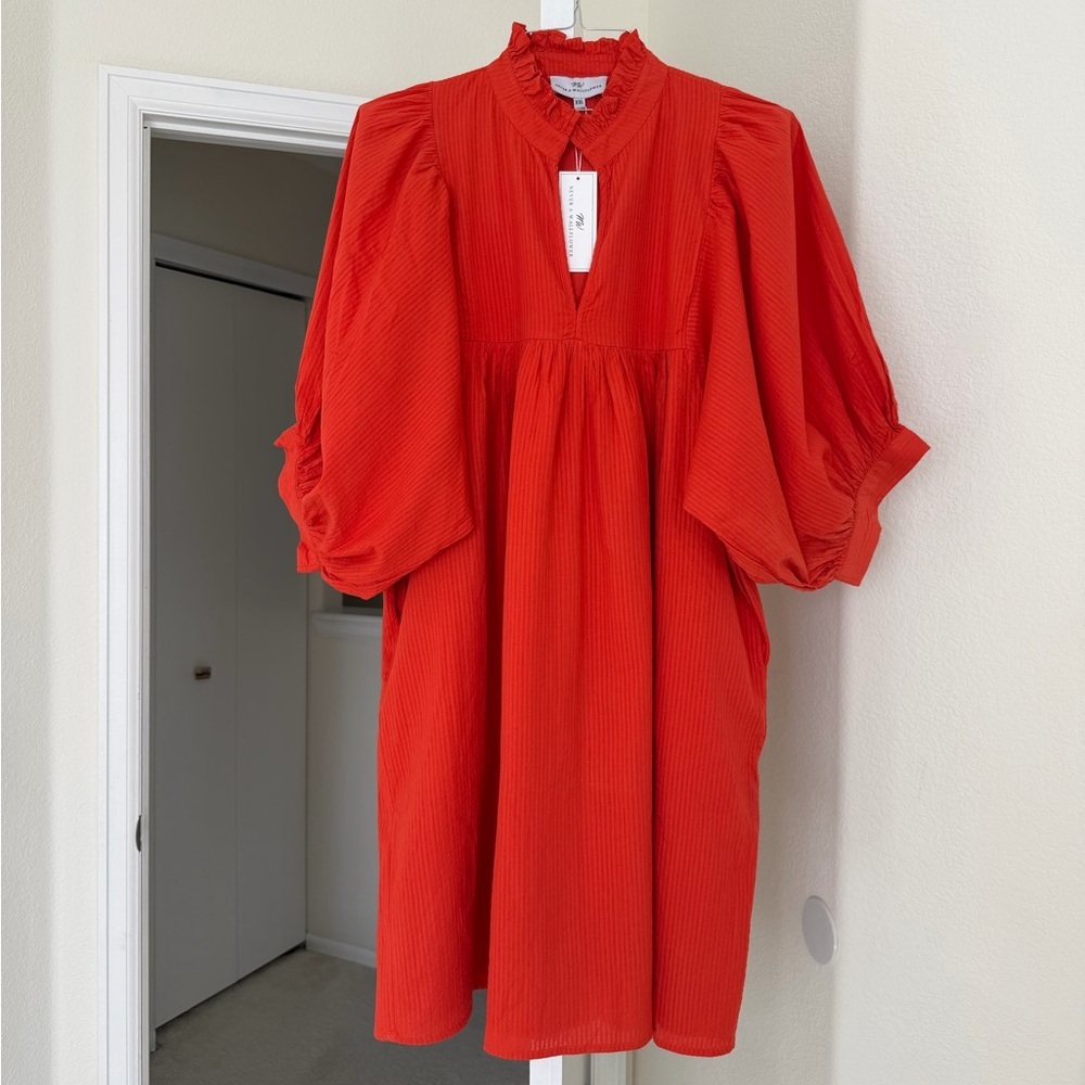 Never A Wallflower Dress Cotton Puff Sleeves Pockets 100% Cotton NWT - Picture 2 of 9